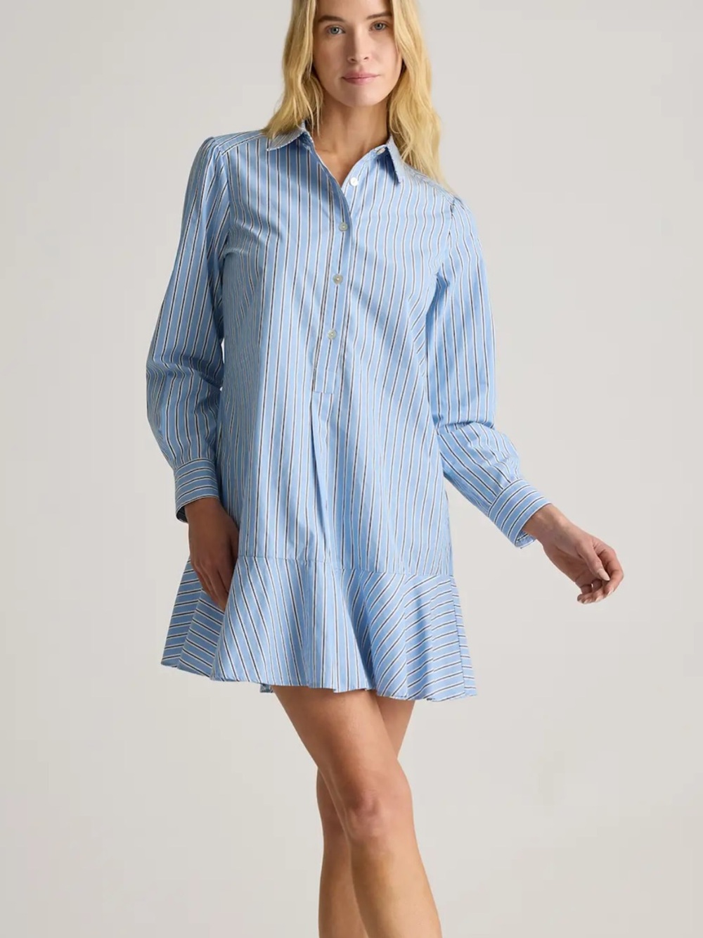 Quince Light Blue Striped Long-Sleeve Shirt Dress